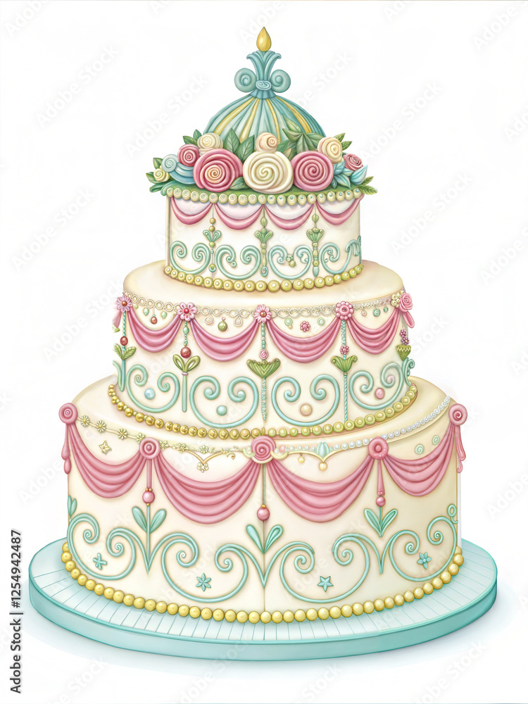 Rococo decorative cake with pastel icing and intricate floral patterns on white background for luxury bakery display Rococo decorative cake with pastel icing and intricate floral patterns on white background for luxury bakery display