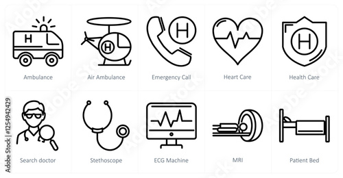 A set of 10 medical icons as ambulance, air ambulance, emergency call