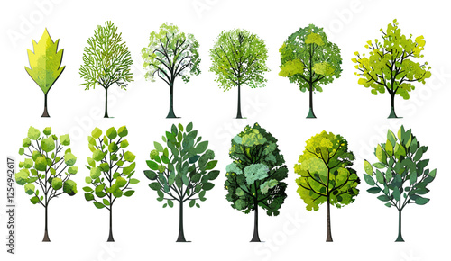 Forest trees vector set, greenery cutout shapes, nature eco design, forest landscape illustration, tree shapes set, environmental concept, green nature scenery