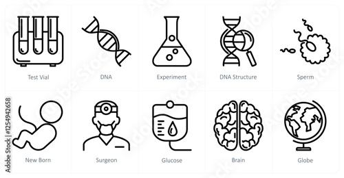 A set of 10 medical icons as test vial, dna, experiment