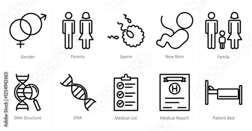 A set of 10 medical icons as gender, parents, sperm
