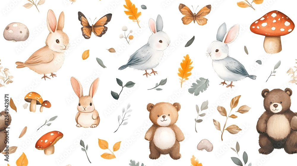Fototapeta premium Watercolor pattern featuring forest animals leaves and toadstools