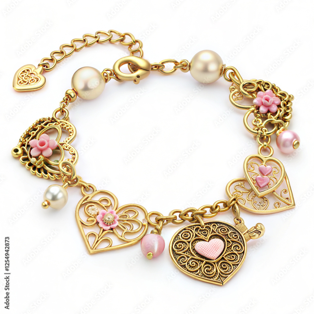 Rococo charm bracelet with heart-shaped pendants on light background for fashion accessories Rococo charm bracelet with heart-shaped pendants on light background for fashion accessories