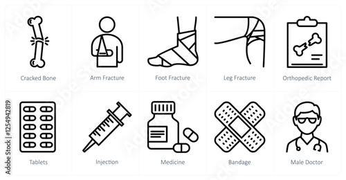 A set of 10 medical icons as cracked bone, arm fracture, foot fracture