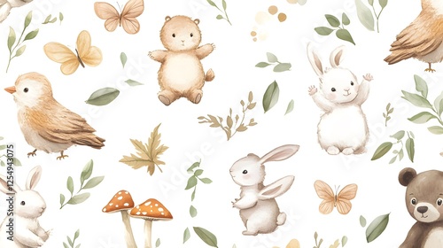 Fototapeta Naklejka Na Ścianę i Meble -  Cute woodland animals create a sweet and whimsical wallpaper design