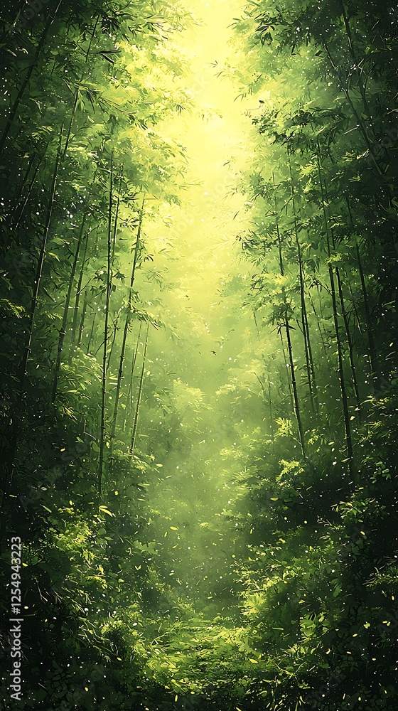Obraz premium Minimal abstract bamboo forest with vertical green stalks fading into soft mist and subtle golden light