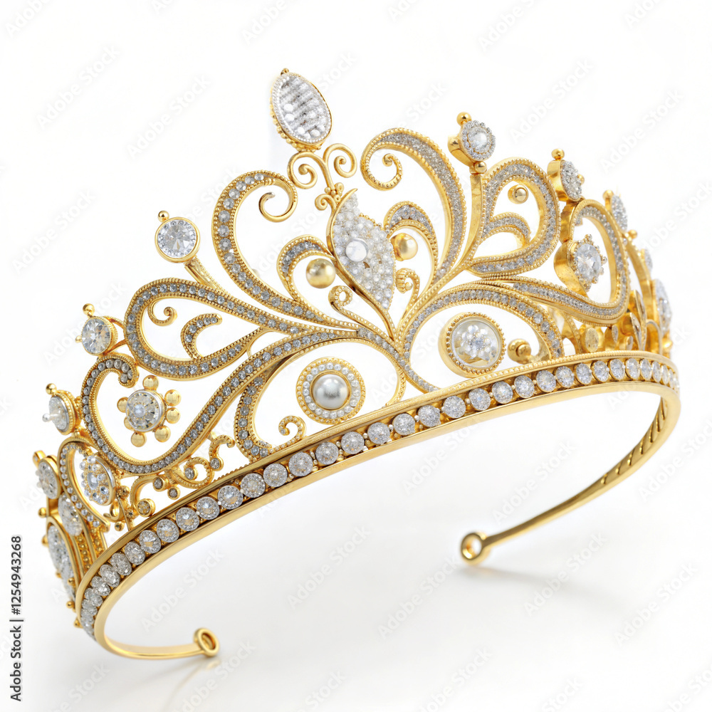 Obraz premium Rococo gold tiara with pearls on white background for royal occasions
