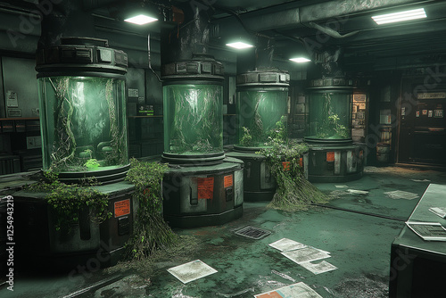 Overgrown abandoned underground laboratory with glass tanks filled with plants and debris