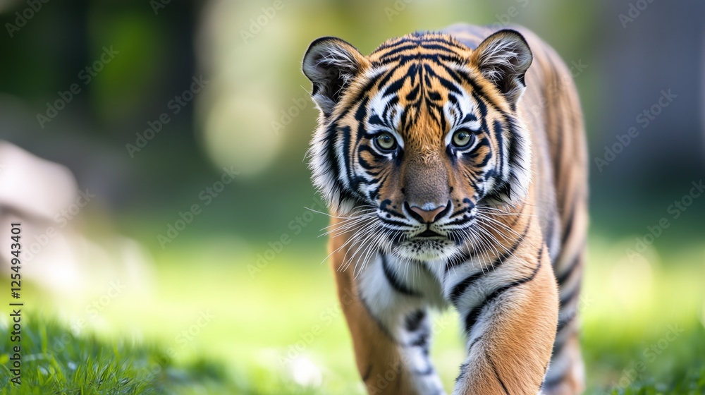 Fototapeta premium Young tiger walking toward camera in grassy field. AI generated