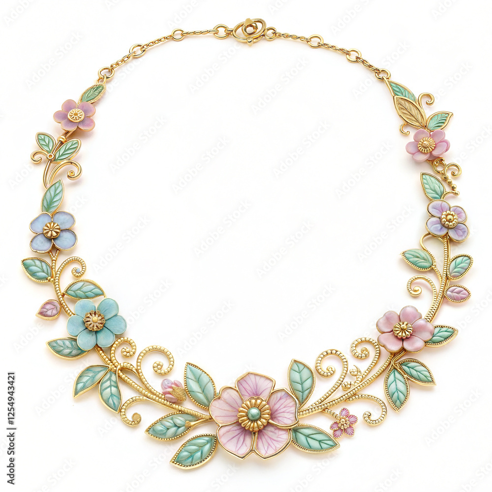 Rococo elegant gold necklace with floral accents on white background for high-end jewelry Rococo elegant gold necklace with floral accents on white background for high-end jewelry