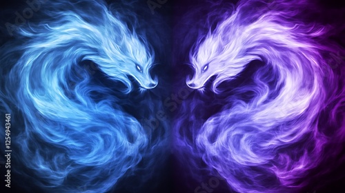 Duel of Elemental Wolves Confrontation Between Ice and Shadow Spirits Mystical Power Emanates Deeply photo