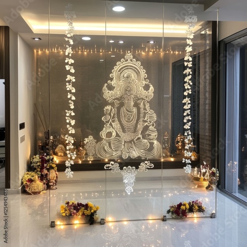 A modern Hindu prayer room with a glass partition featuring an intricate Ganesha design.