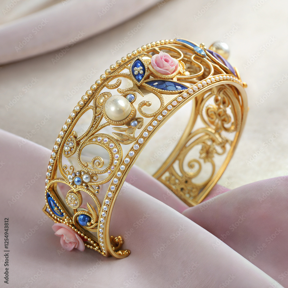 Obraz premium Rococo gold filigree bracelet with colorful gemstones on silk background for luxury fashion