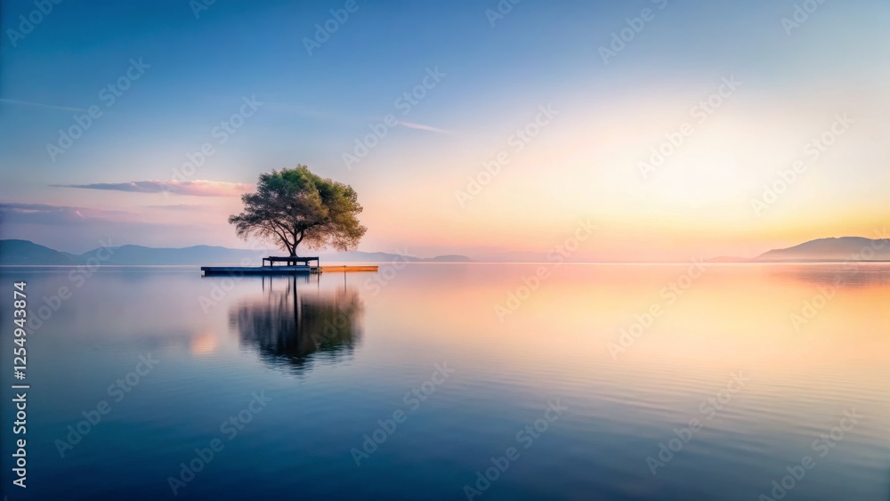 Serene Sunrise Over Calm Water with Lone Tree and Pier Reflection Serene Sunrise Over Calm Water with Lone Tree and Pier Reflection