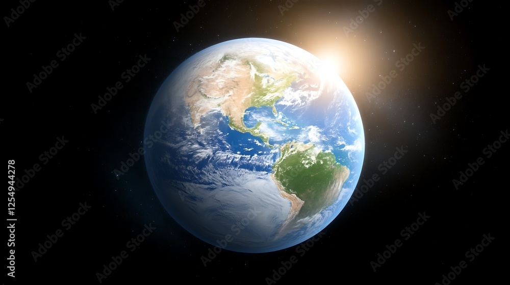 Fototapeta premium Earth Globe in Space with Sunrise and Sunlight Radiating Outward Showing Geographic Landmasses