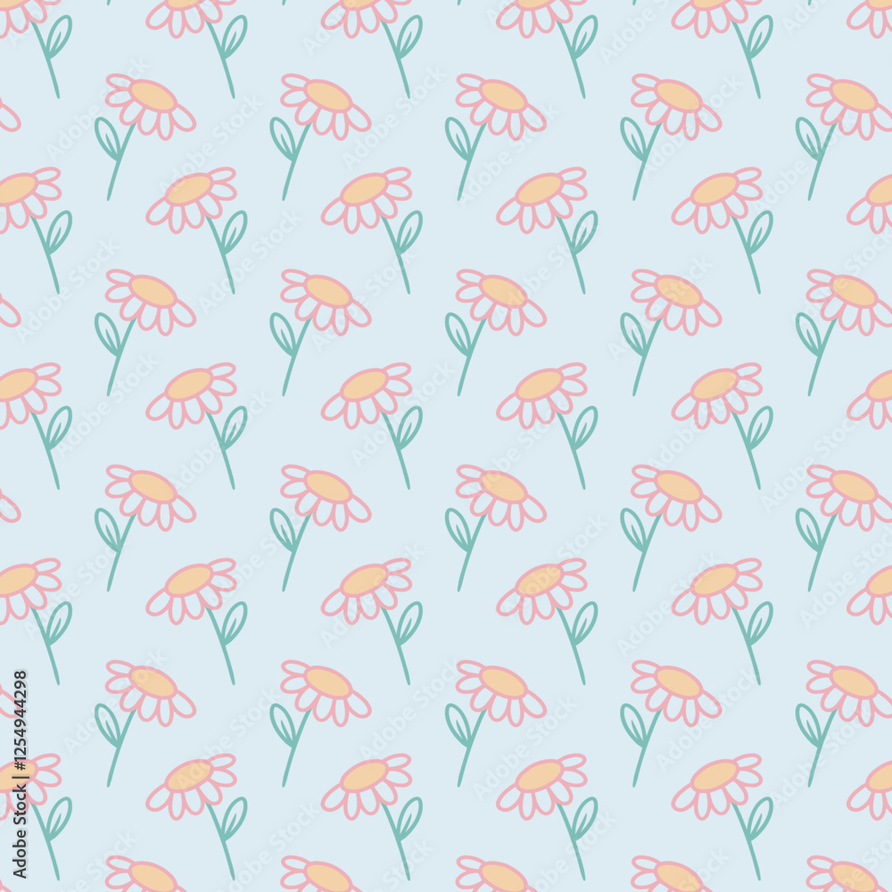 Naklejka premium Naive seamless floral boho pattern with daisies on a plain background in doodle style. Сute contemporary minimalistic trendy boho background design for kids. Scandinavian nursery print 