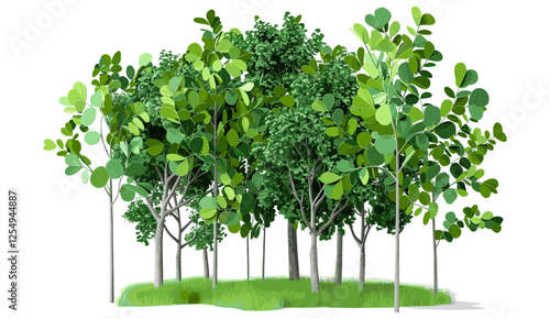 Greenery jungle trees, cut-out PNG, realistic 3d rendering, tropical nature, outdoor foliage, eco-friendly trees, jungle forest, lush environment, nature background, tree group