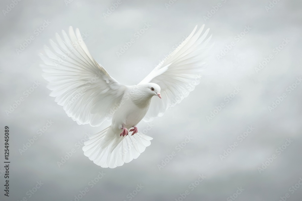Fototapeta premium White dove gracefully soaring through a cloudy sky, symbolizing peace and hope amidst nature's beauty