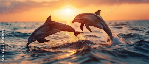 Fototapeta Naklejka Na Ścianę i Meble -  Two dolphins joyfully jumping out of the ocean against a stunning sunset background, creating a picturesque seascape moment.