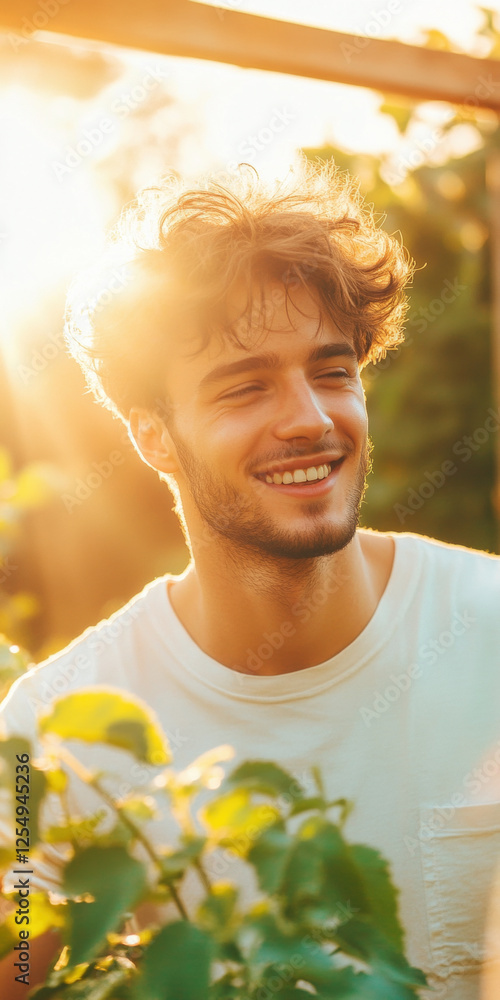 Smiling Young Caucasian Male Enjoying Sunlit Garden Moment Smiling Young Caucasian Male Enjoying Sunlit Garden Moment
