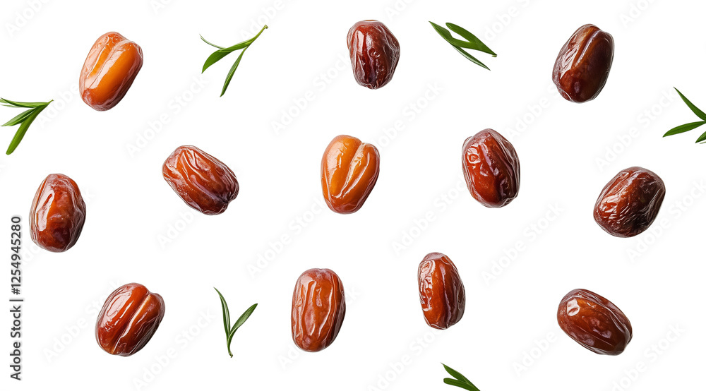 Dried dates and leaves top view, created with Generative AI technology, PNG Dried dates and leaves top view, created with Generative AI technology, PNG