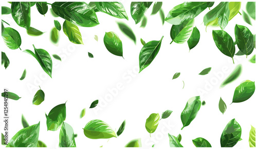 Greenery leaves flying movement, fresh foliage, spring leaves, transparent background, copy-space cutout, botanical design, eco-friendly, nature elements, natural frame, environmental