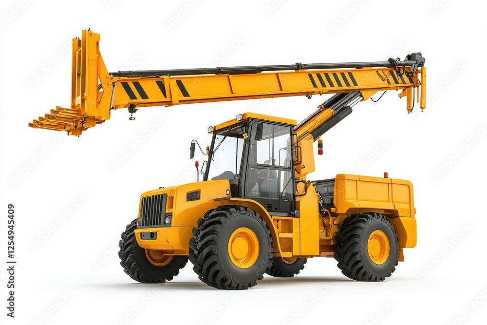 A telehandler with a lifting boom isolated on a white background A telehandler with a lifting boom isolated on a white background