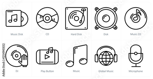 A set of 10 music icons as music disc, cd, hard disk
