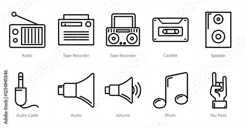 A set of 10 music icons as radio, tape recorder, casette