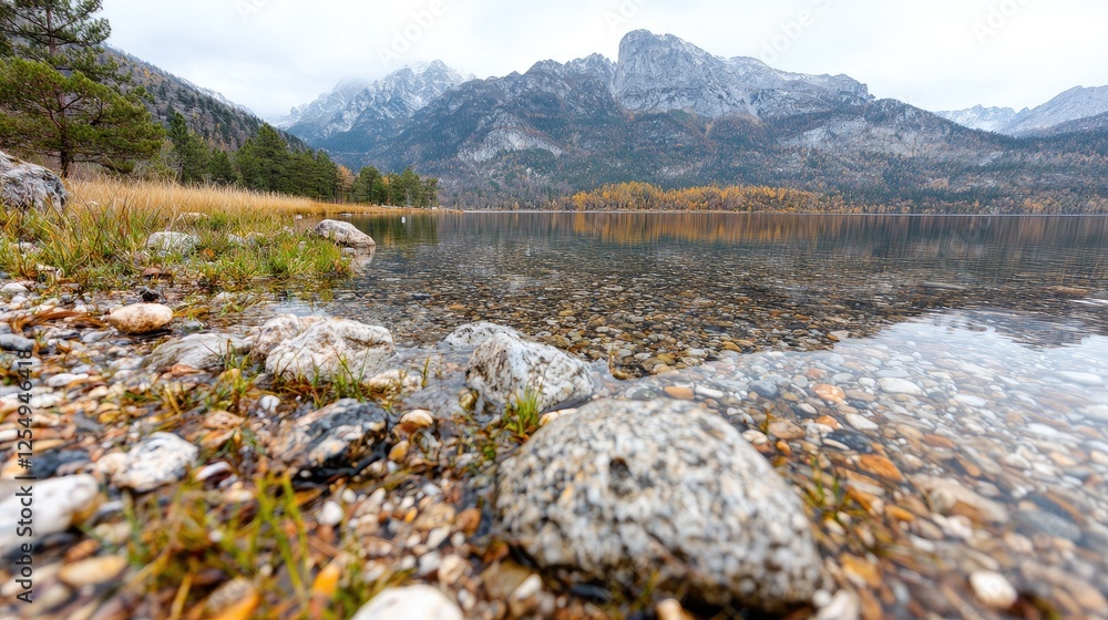 Fototapeta premium Rocky shoreline of a calm alpine lake reflecting majestic mountains under an overcast sky during autumn.