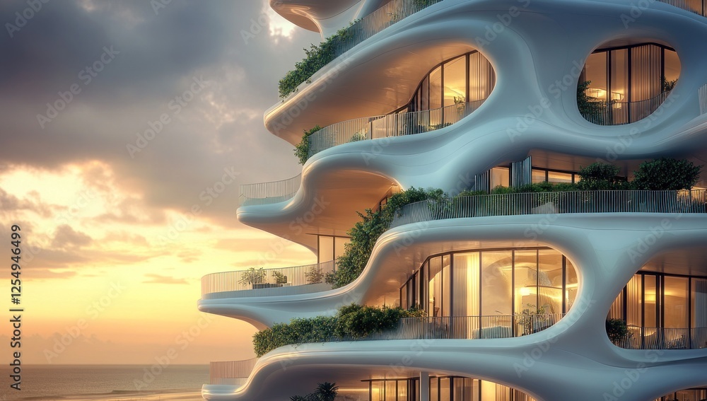 Fototapeta premium Stunning Architectural Design: Organic Modern Skyscraper at Sunset