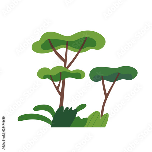 Trees, bushes and grass. Green plants, forest and park nature, environment. W...