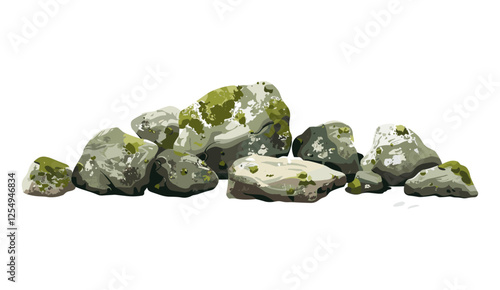 Group of mossy stones, vector illustration pile on floor, transparent png clipart, rocks, nature texture, stone pile, outdoor decor, moss, natural surface, environmental design