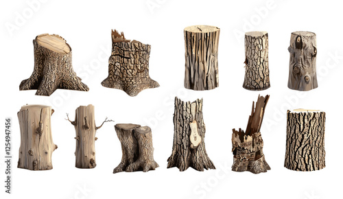 Vector illustration of hardwood trees stubs, collection of cut out backgrounds, tree trunks, forest, nature textures, eco-friendly, wooden design, rustic style, natural wood elements