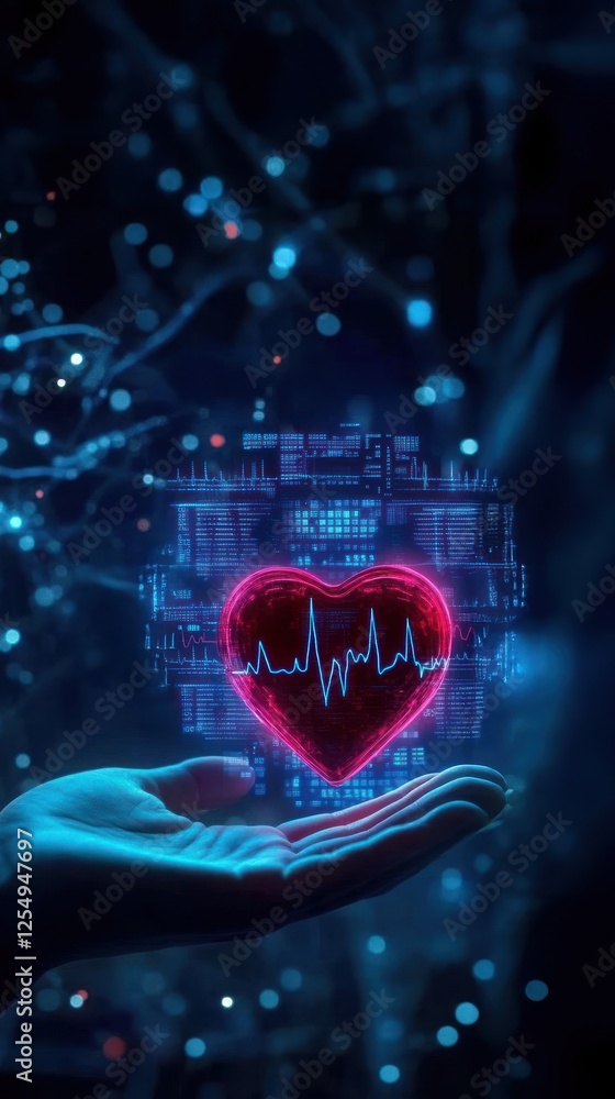 A hand holds a heart shaped object against a digital medical background, symbolizing technology, cardiovascular health, and heart failure symptom analysis A hand holds a heart shaped object against a digital medical background, symbolizing technology, cardiovascular health, and heart failure symptom analysis