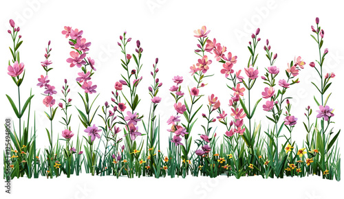 Spring meadow vector, blooming flowers, high floral shapes, vibrant wildflowers, nature landscape, botanical art, colorful field, natural scenery, summer flowers