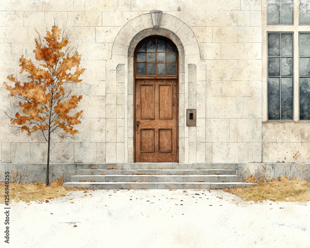 Fototapeta premium Serene Entrance with Wooden Door and Autumn Tree in Front of an Elegant Stone Building