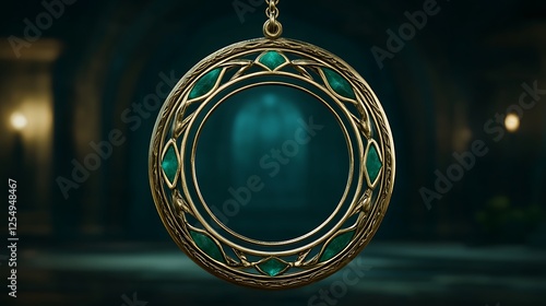 Emerald Inlaid Circular Amulet Pendant Hanging with Golden Finish Ancient Decorative Ornament