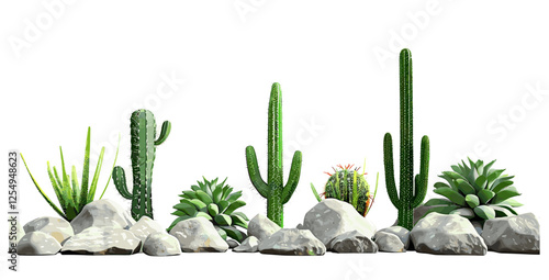 Vector illustration, cactus plants row on rocks foreground, desert landscape, green succulents, nature background, arid terrain, botanical drawing, isolated, dry land, western theme