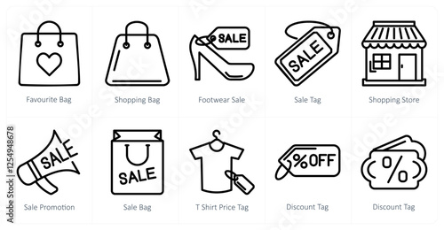 A set of 10 shopping icons as favorite bag, shopping bag, footwear sale