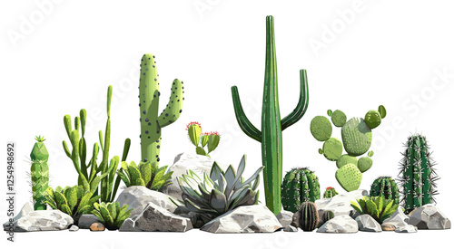 Cactus plants row on rocks foreground, vector illustration, dry landscape, succulents, desert flora, natural scenery, eco-friendly, drought-resistant, spiny plants, wilderness photo