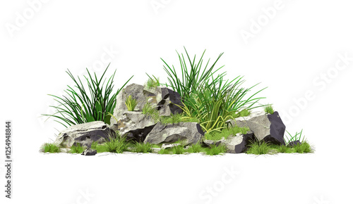 Isolate grassy meadows, rock composition, 3D illustrations, vector illustration, transparent backgrounds, png, outdoor nature, grassland elements, countryside scene, green landscape