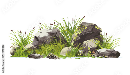 grassy meadows, 3D illustrations, rock composition, isolate growth, transparent backgrounds, png, natural ground, greenery, terrain elements, open field, botanical landscape