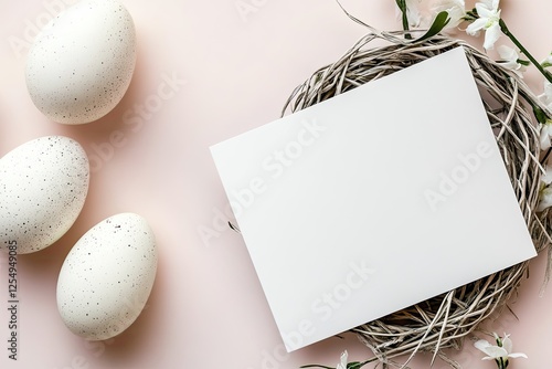 Soft pastel background features white eggs nestled in nest, invi photo