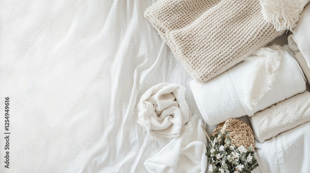 Soft neutral linens and towels arranged on a cozy bed. Soft neutral linens and towels arranged on a cozy bed.