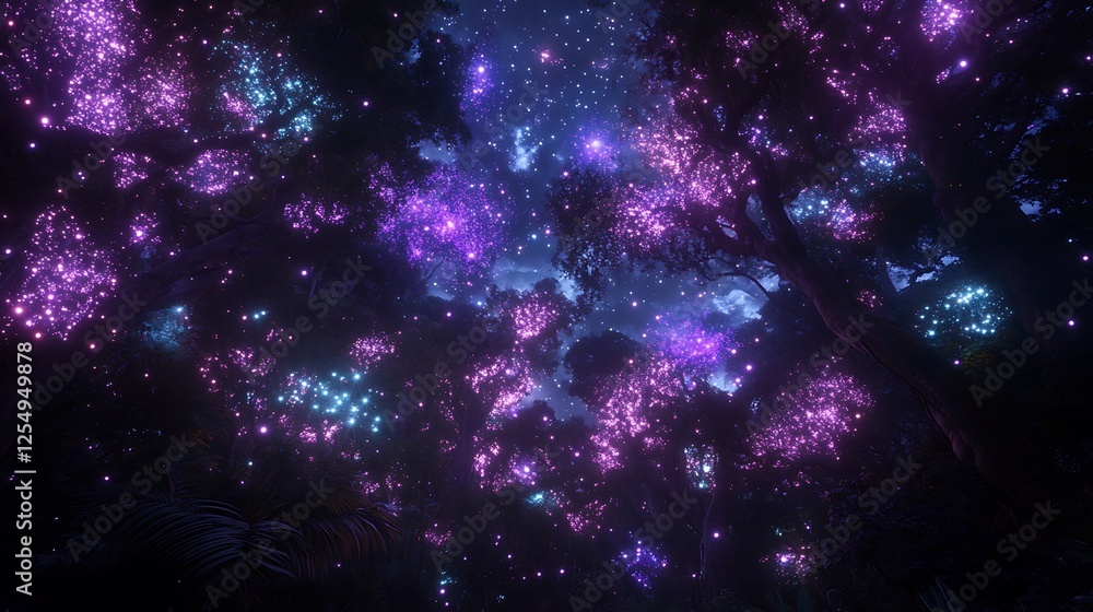 Enchanted Forest Canopy A Luminous Symphony of Celestial Lights Glittering Among the Trees at Night Enchanted Forest Canopy A Luminous Symphony of Celestial Lights Glittering Among the Trees at Night