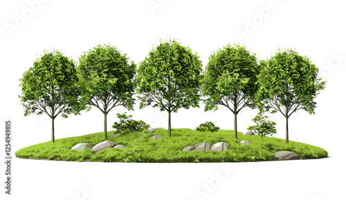Vector greenery illustration, isolate trees on grassy landscape, nature woods, lush green forest, peaceful environment, vibrant outdoors, natural scenery, fresh air, forest background