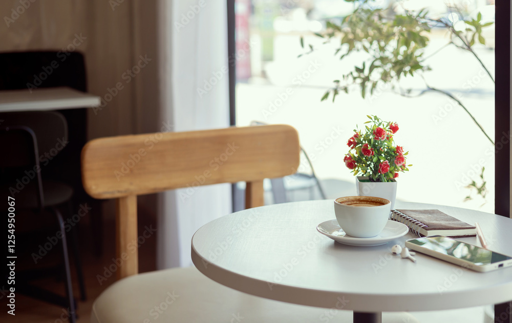 Fototapeta premium Latte coffee with mobile phone and note book on white table by the window, relax in the morning in cafe before work