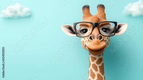 A cartoon giraffe wearing black glasses smiles against a light blue background with fluffy white clouds.