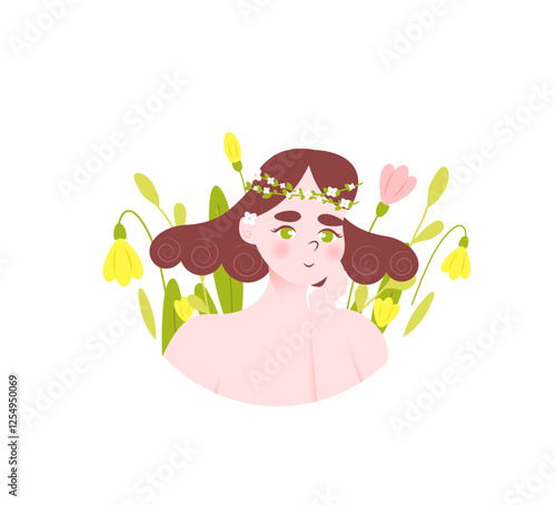 Beautiful young girl surrounded by flowers in circle frame. Hand drawn flat cartoon vector character isolated on white background. Concept of wellness, self love, acceptance